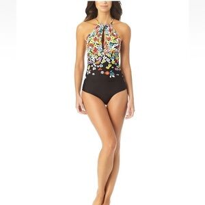 Anne Cole Women's Size 6 Ditsy Floral High-Neck One-Piece Swimsuit Black